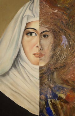 "Sister Mary Josephine", Surrealist, Black, White, Collage, Acrylic Painting