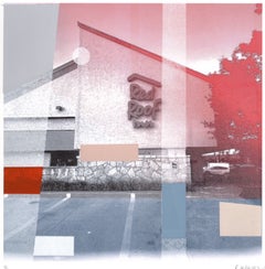 „Red Roof Inn“, Zeitgenössisch, Hotel, moderne Landschaft, Blau, Grau, Mischtechnik
