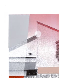 „Red Roof Inn“, Zeitgenössisch, Hotel, moderne Landschaft, Blau, Grau, Mischtechnik