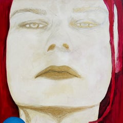 "2 Mikes", contemporary portrait bold woman red blue close-up acrylic painting