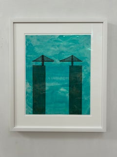 "Bridge", Contemporary, Aqua Blue, Black, Encaustic and Oil Painting