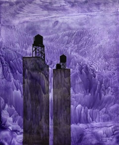 "Water Towers", Contemporary, Blue, Violet, Black, Encaustic and Oil Painting
