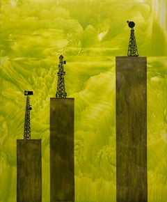 "Water Towers", Contemporary, Blue, Violet, Black, Encaustic and Oil Painting