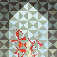 "Twin Towers", abstract woman legs geometric 9/11 blue gray red acrylic painting