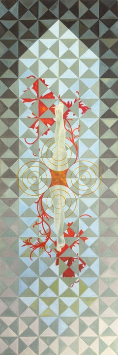 "Twin Towers", abstract woman legs geometric 9/11 blue gray red acrylic painting