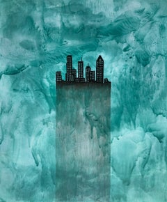 "City", Contemporary, Blue, Green, Black, Encaustic and Oil Painting