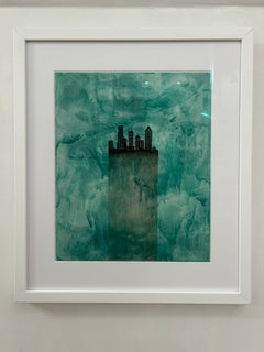 "City", Contemporary, Blue, Green, Black, Encaustic and Oil Painting