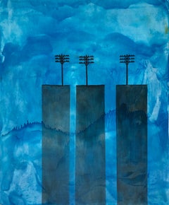 "Poles", Contemporary, Blue, Black, Encaustic and Oil Painting