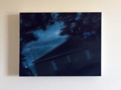 "Storm", Contemporary, Night, Dark House, Blue, Black, Trees, Oil Painting