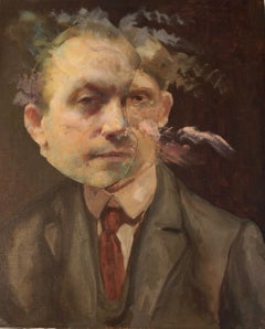 "Studio Sketch of Arthur", Surrealist Portrait, Brown, Collage, Acrylic Painting