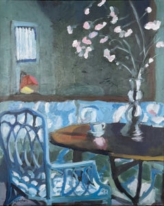 "Blue Tea Room", Contemporary, Interior, Chair, Table, Green, Acrylic Painting