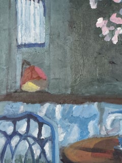 "Blue Tea Room", Contemporary, Interior, Chair, Table, Green, Acrylic Painting