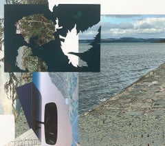 « Cicatrice », Abstrait, Mer, Jetée, Sable, Phare, Bleu, Gris, Collage en techniques mixtes