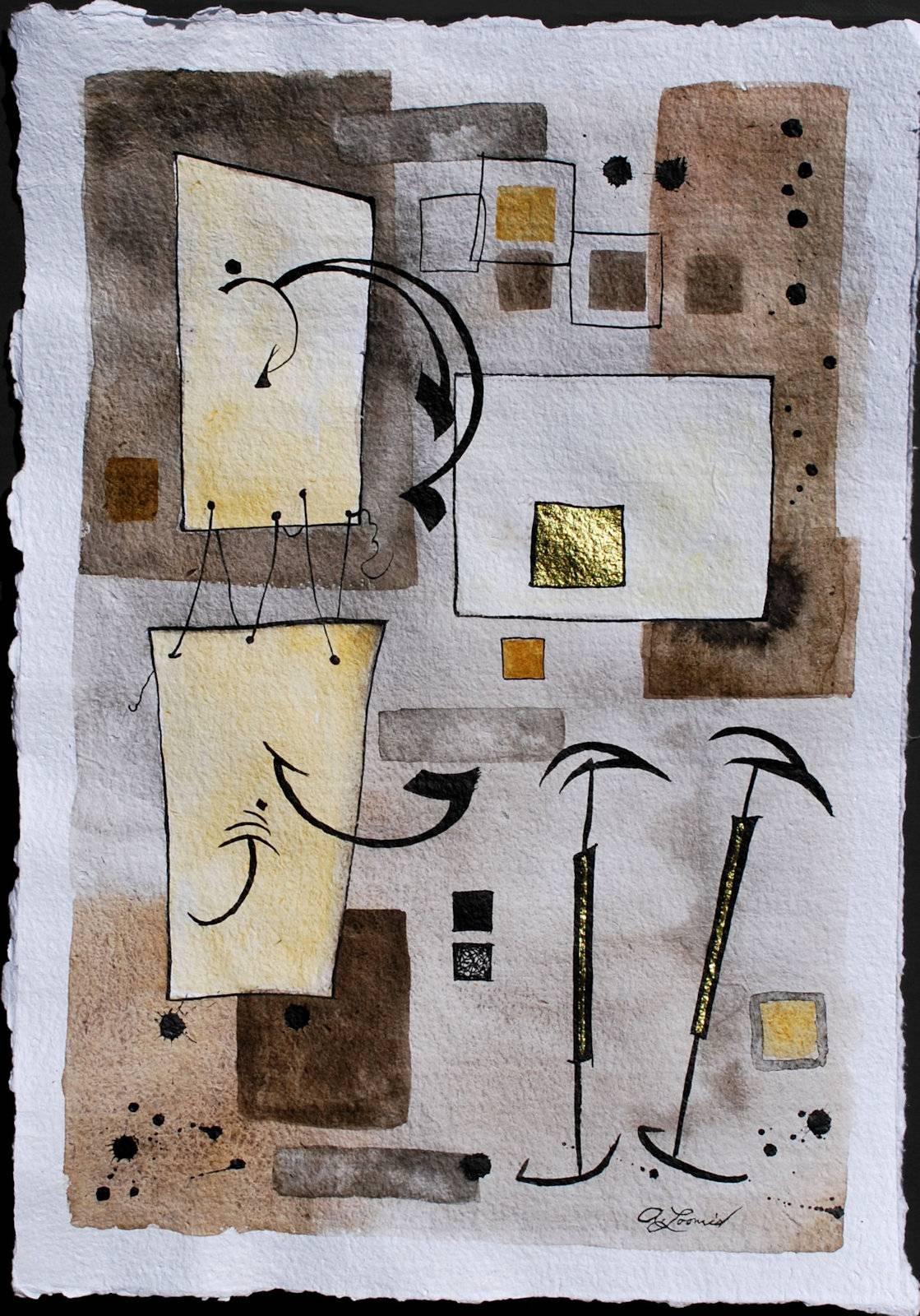 « The Couple », abstrait, minimaliste, feuille d'or, aquarelle - Art de Anita Loomis