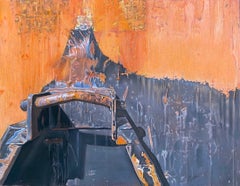 « Rusty Dumpster », art contemporain, orange, gris, noir, blanc, dessin aux couleurs pastel