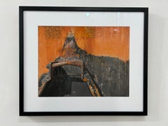 « Rusty Dumpster », art contemporain, orange, gris, noir, blanc, dessin aux couleurs pastel