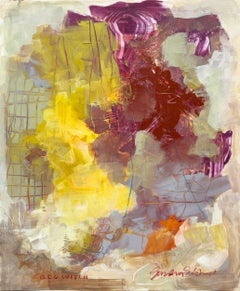 «Bog Witch», retrato abstracto en acrílico en tonos morado, naranja, amarillo, verde y azul