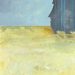 "Nave", dipinto acrilico surreale raffigurante una donna che guarda il cielo, l'acqua e le vele, nei colori blu, giallo e oro