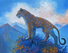 „The Boss“, surrealistische Landschaft, Tiger, Orange, Blau, Rosa, Ölgemälde
