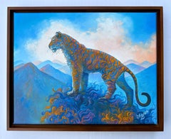 „The Boss“, surrealistische Landschaft, Tiger, Orange, Blau, Rosa, Ölgemälde