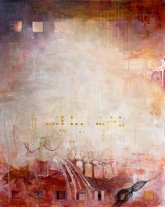 "The Alchemist" abstract landscape bone crown sky pink red gold acrylic painting