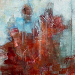 "Frozen Lake", abstract landscape winter trees red blue white acrylic painting