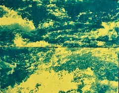 «Roiling Diptych», Pop Art, olas, verde, amarillo, fotografía en cianotipo sobre lino