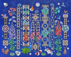 „Garden Party“, Zeitgenössisch, Botanisch, Blau, Collage, Mischtechnik-Malerei