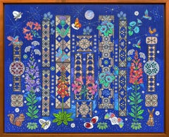 „Garden Party“, Zeitgenössisch, Botanisch, Blau, Collage, Mischtechnik-Malerei