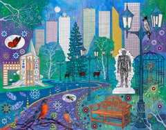 « Dilemma's Park », Art contemporain, Paysage urbain, Bleu, Peinture en techniques mixtes