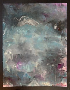 « King's Road », peinture acrylique surréaliste représentant une femme aux ailes, dans des tons bleu ciel, gris, violet et noir