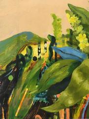 "Goldfinch with Mullein", acrylic, oil painting, bird, green, yellow, peach