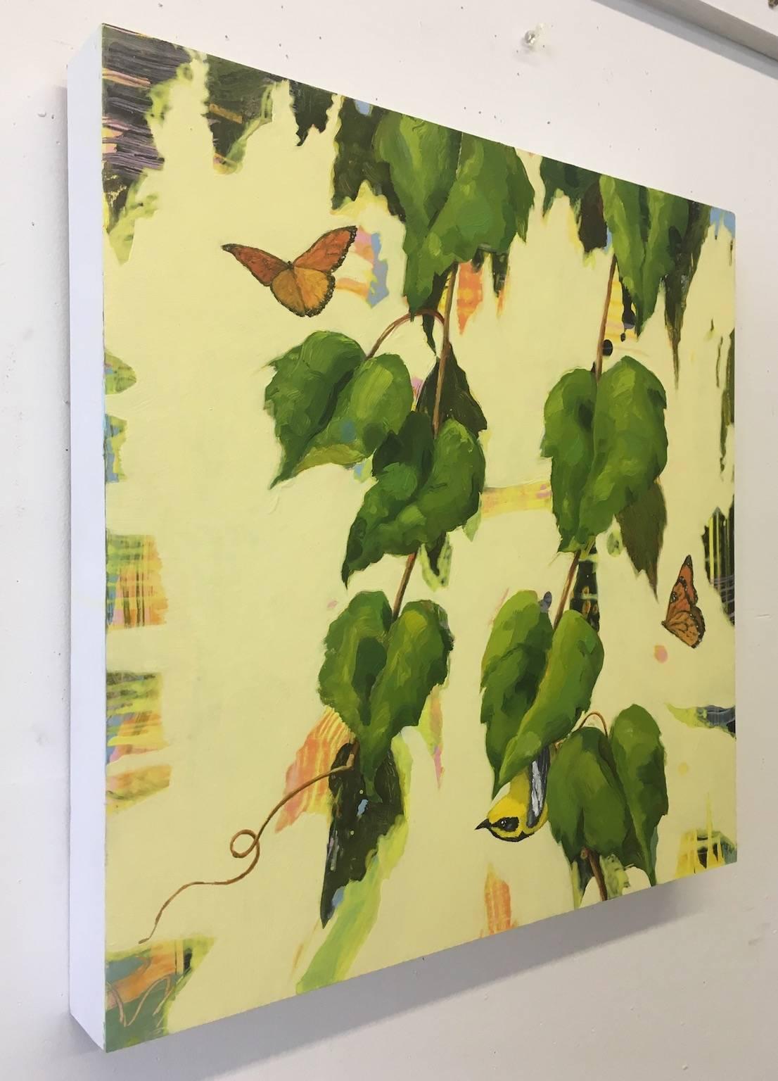 Anne Sargent Walker’s Monarchs and Warbler is one of a series of oil and acrylic paintings celebrating the beauty, complexity and fragility of the natural world. It is a lovely pale yellow and lush green painting featuring butterflies, vines, and a