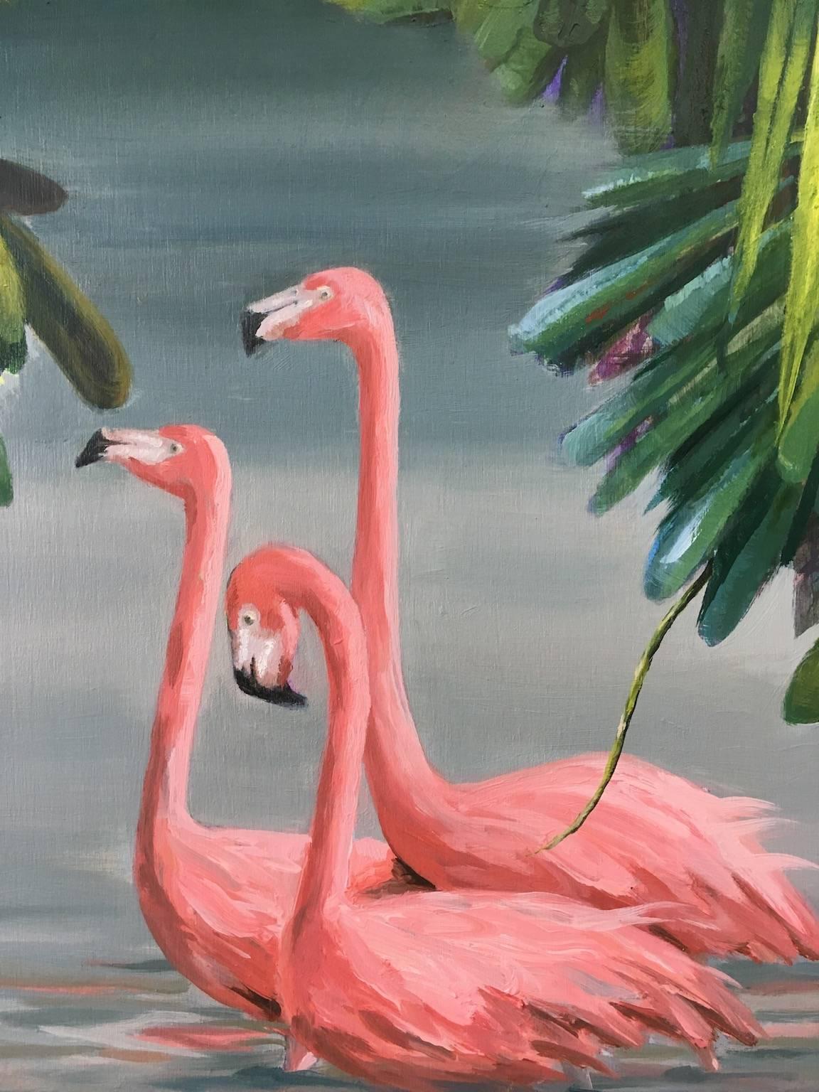 Flirtation Migration 6 (Flamingos) - Contemporary Painting by Anne Sargent Walker