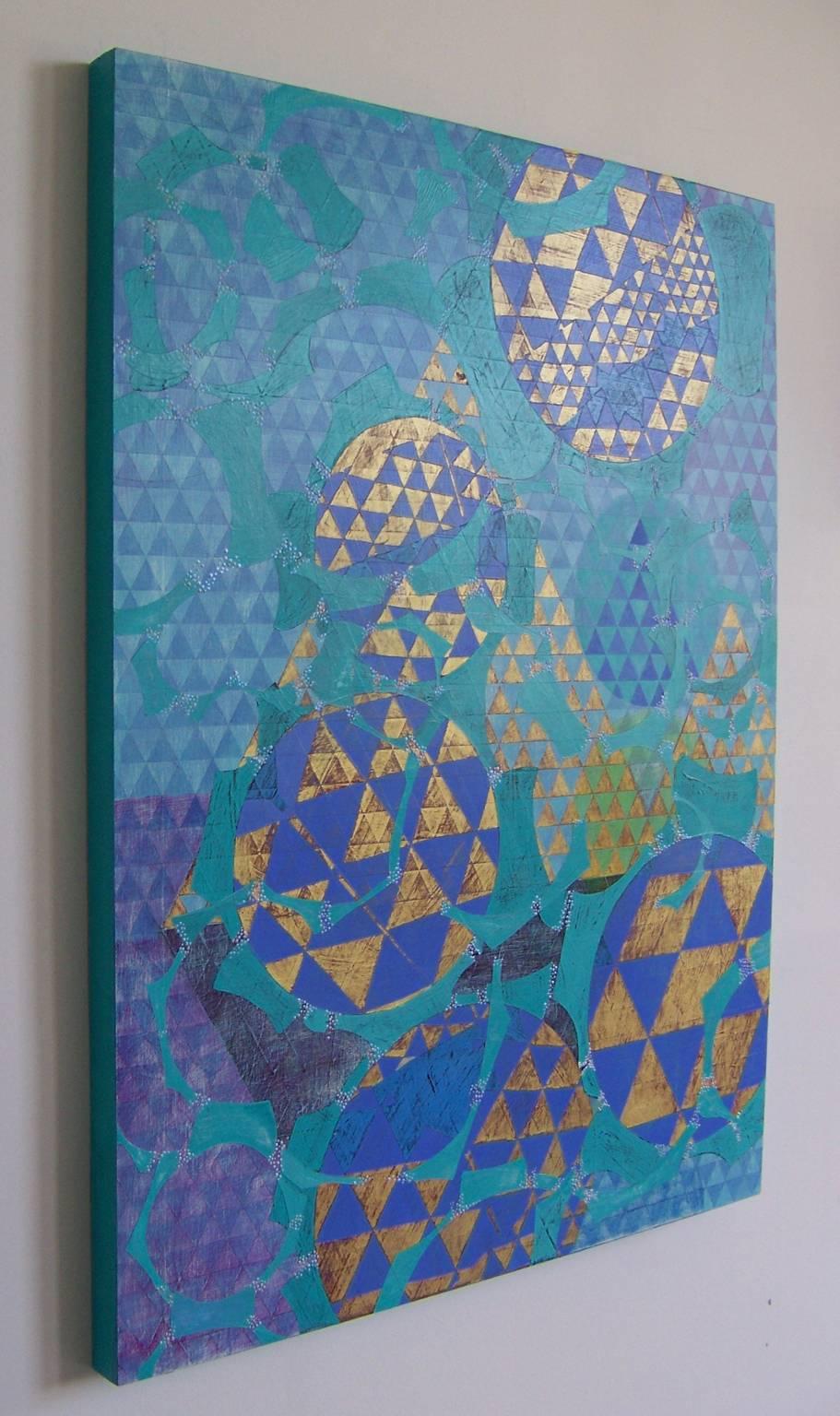 « Configuration », abstrait, géométrique, triangles, bleu, or, peinture acrylique en vente 1