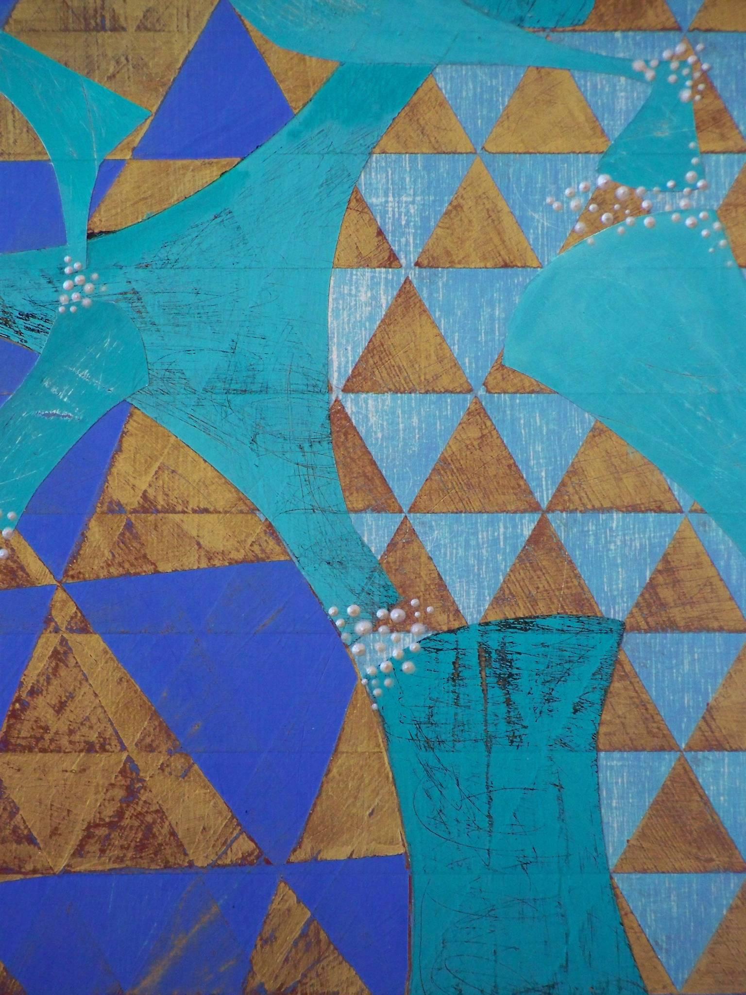 « Configuration », abstrait, géométrique, triangles, bleu, or, peinture acrylique - Bleu Abstract Painting par Denise Driscoll