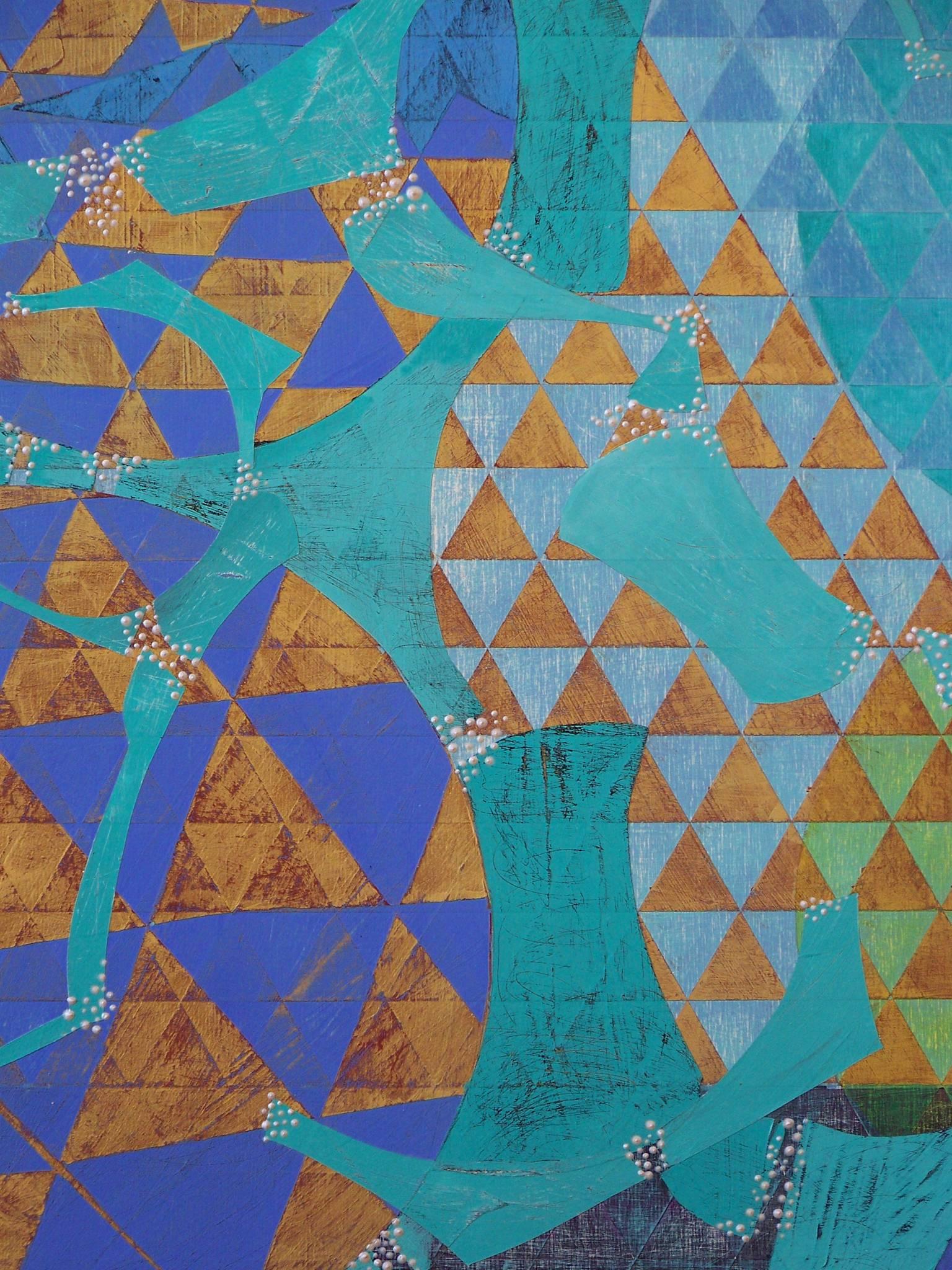 « Configuration », abstrait, géométrique, triangles, bleu, or, peinture acrylique - Contemporain Painting par Denise Driscoll
