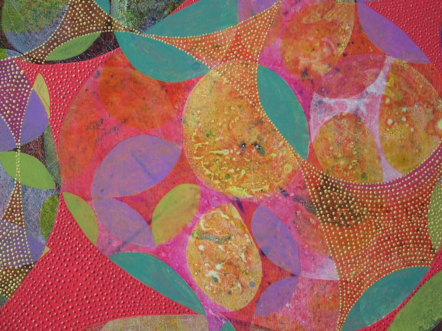 «ntanglement 1 », peinture abstraite, rouge, or, violet, vert, orange, acrylique - Painting de Denise Driscoll