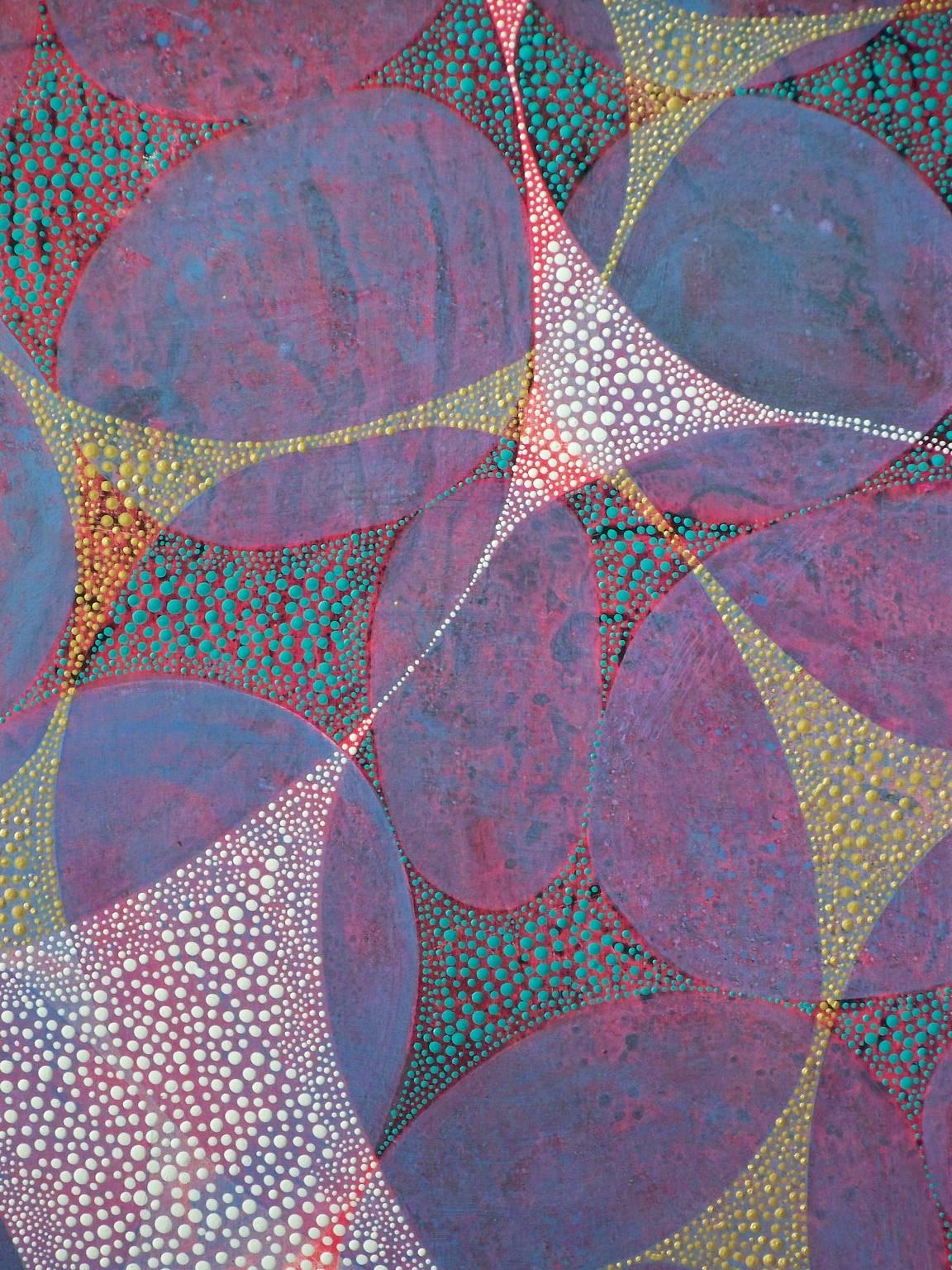 „Entanglement 3“, abstraktes, violettes, blaues, tealfarbenes, rotes, goldenes Acrylgemälde (Abstrakt), Painting, von Denise Driscoll