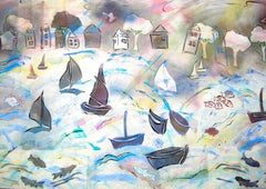 "Windy Harbor", acrylic painting, boats, fish, birds, water, houses, clouds