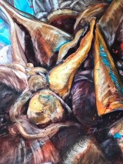 "Impacto", Pintura contemporánea, Vainas de semillas, Rojo, Azul, Acrílico, Acuarela, 2014