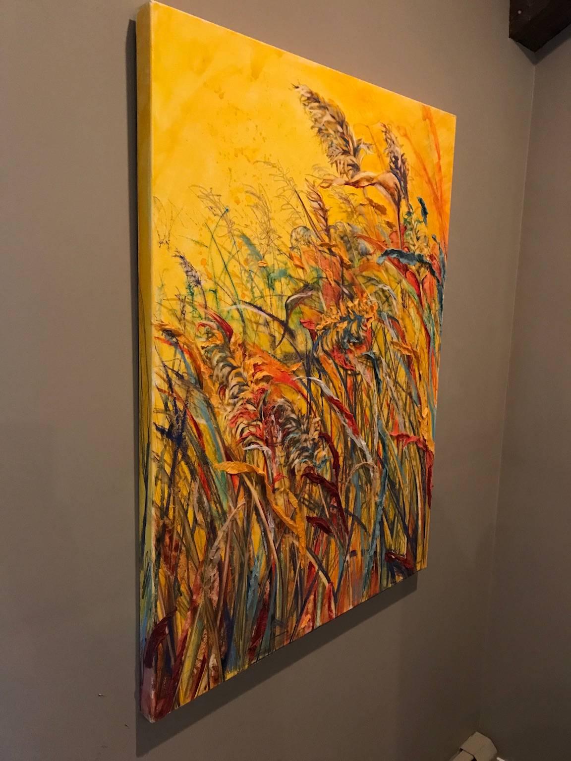 « Vierge », abstraite, botanique, orange, jaune, aquarelle, peinture multimédia - Contemporain Mixed Media Art par Sarah Alexander