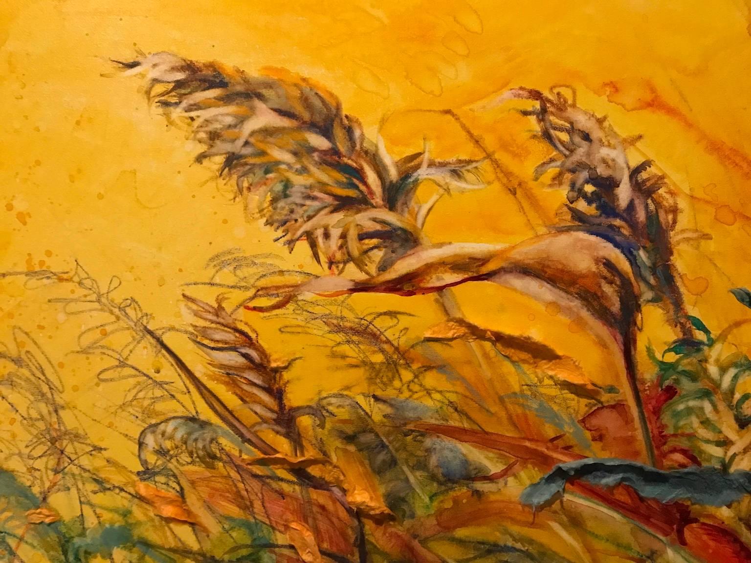 « Vierge », abstraite, botanique, orange, jaune, aquarelle, peinture multimédia en vente 1