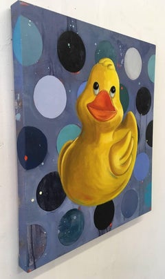 "Becalmed", oil, acrylic, painting, toy, duck, yellow, blue, polka dots