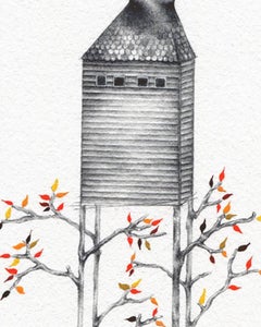 "Folded Valley", graphite, gouache, drawing, house, oranges, yellows, reds, grey