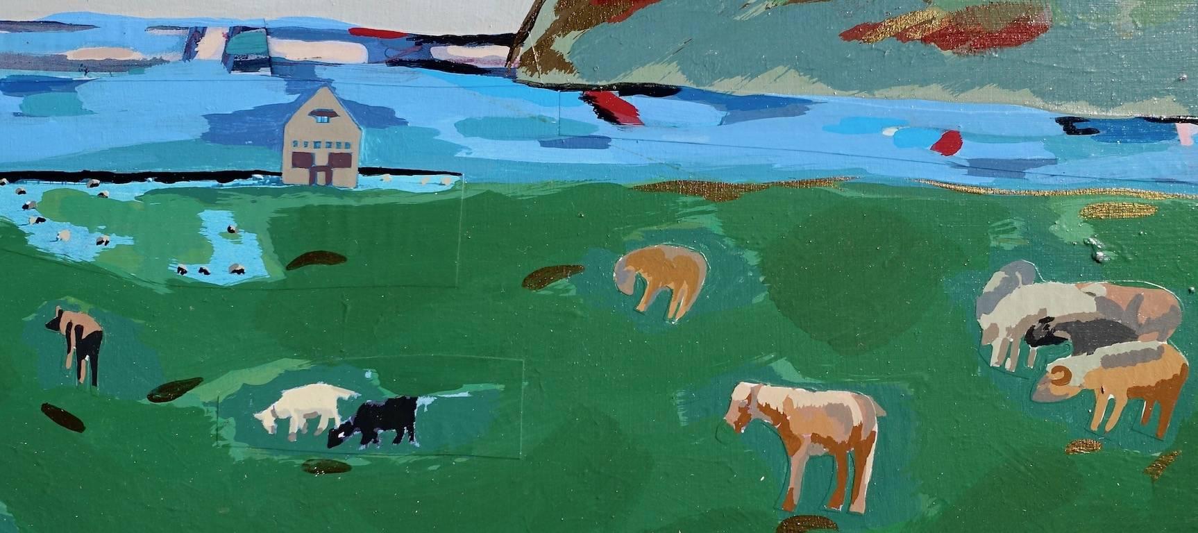 Nan Hass Feldman’s “Wild Horses” is a large 57 x 36 x 1.5 inch acrylic landscape painting with an analogous palette of relaxing greens, blues and yellows. The artist defines 