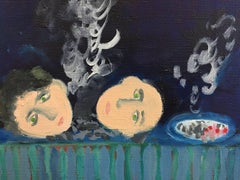 "Midnight", contemporary, nighttime, blues, green, red, brown, oil painting