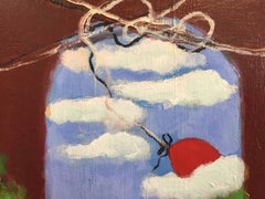 "Red One", contemporary, arch, trees, sky, blue, green, orange, oil painting