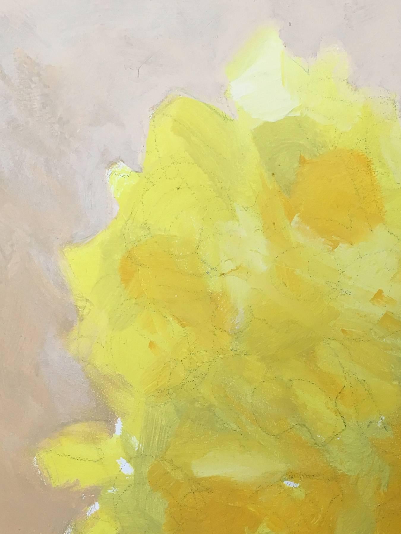 James Wilson Rayen's Flower #3 (Yellow Flower) is a delicate and nuanced treatment of daffodils in a simple white vase in oil paint on board. This intimately-sized oil painting, 14 x 11 x .75 inches, is one of a series of studies of blossoms,