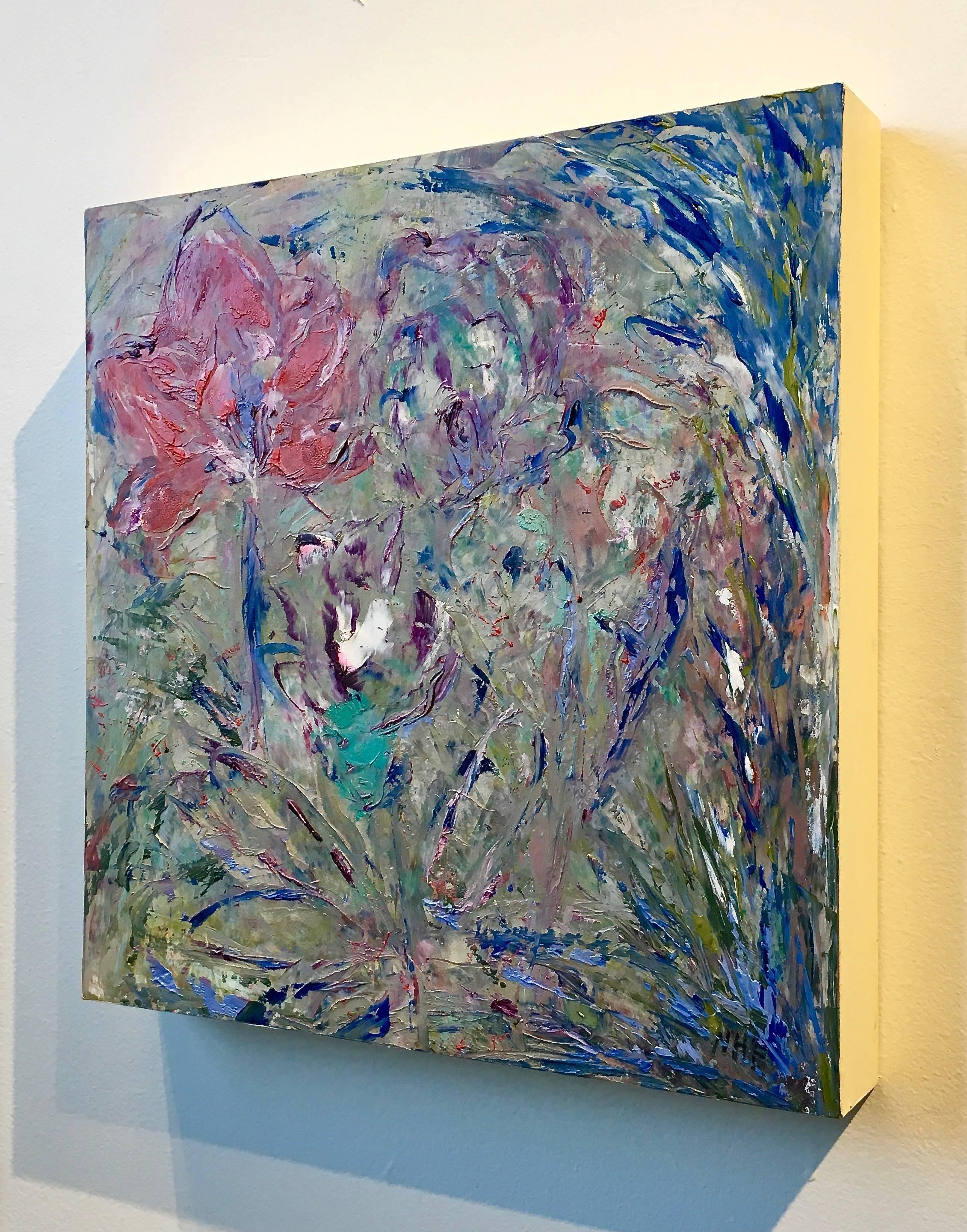 Nan Hass Feldman’s “Budding”, 2013, 12 x 12 inches, pigment stick oil painting on cradled panel is a Fauve Expressionist painting which means a loose, painterly, recognizable subject created with emotional subjective color. It is multi-layered with